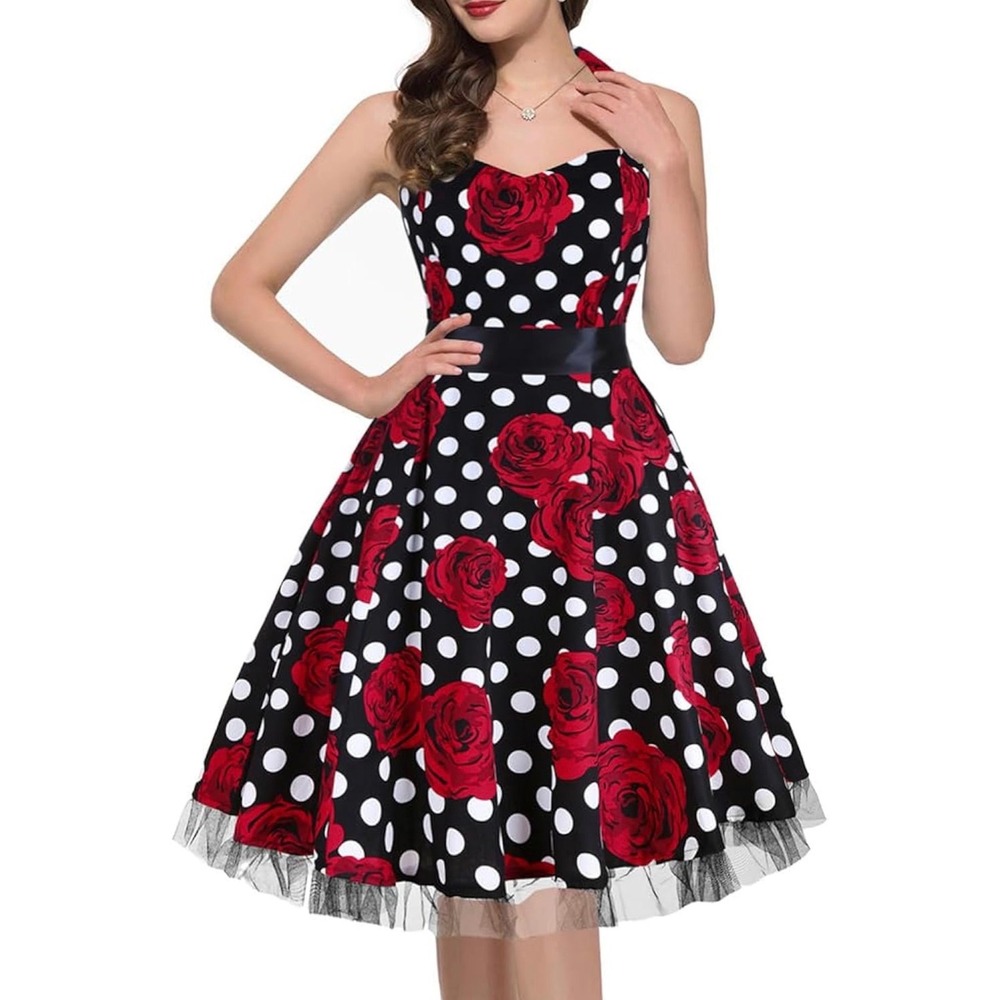 OTEN Women 2XL Red Rose Polka Dot Halter Rockabilly Swing Dress Black Retro